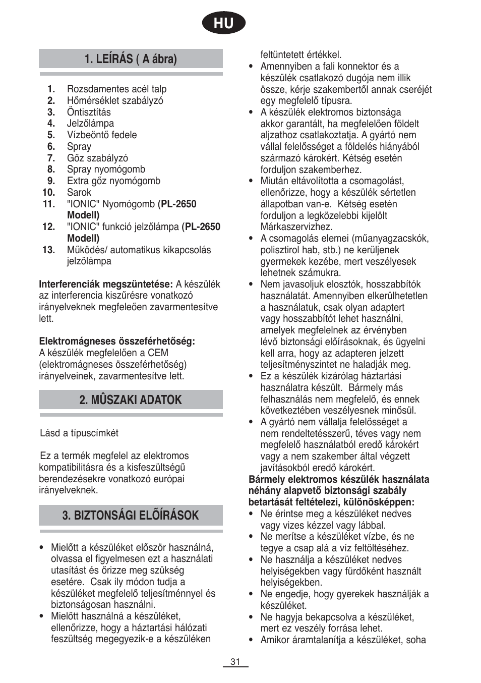 Leírás ( a ábra), Biztonsági elõírások 2. mûszaki adatok | Fagor PL-2600 User Manual | Page 32 / 76