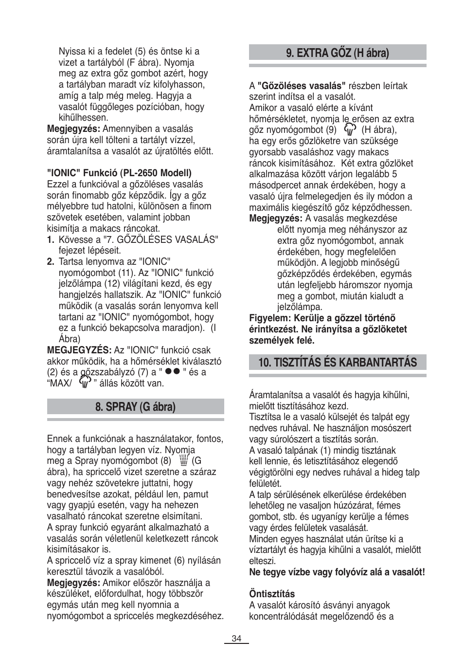 Spray (g ábra) 9. extra gőz (h ábra), Tisztítás és karbantartás | Fagor PL-2600 User Manual | Page 35 / 76