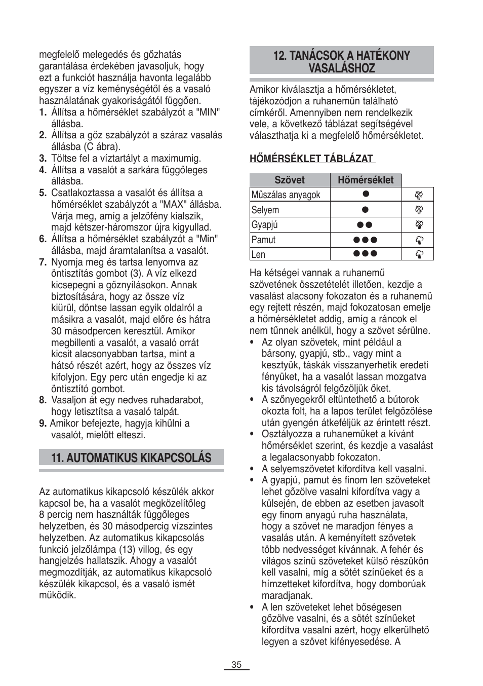 Tanácsok a hatékony vasaláshoz, Automatikus kikapcsolás | Fagor PL-2600 User Manual | Page 36 / 76