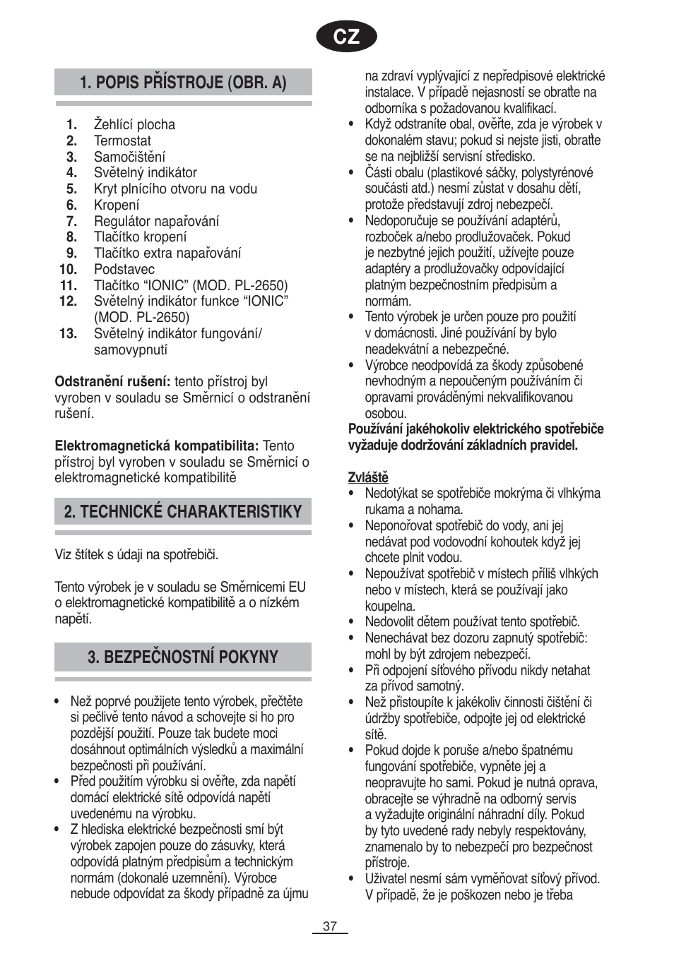 Popis přístroje (obr. a), Bezpečnostní pokyny 2. technické charakteristiky | Fagor PL-2600 User Manual | Page 38 / 76