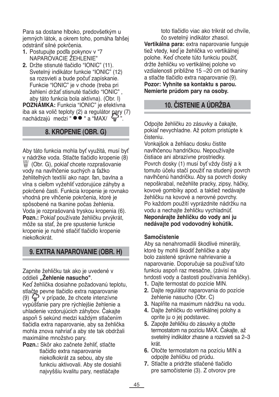 Čistenie a údržba, Extra naparovanie (obr. h), Kropenie (obr. g) | Fagor PL-2600 User Manual | Page 46 / 76