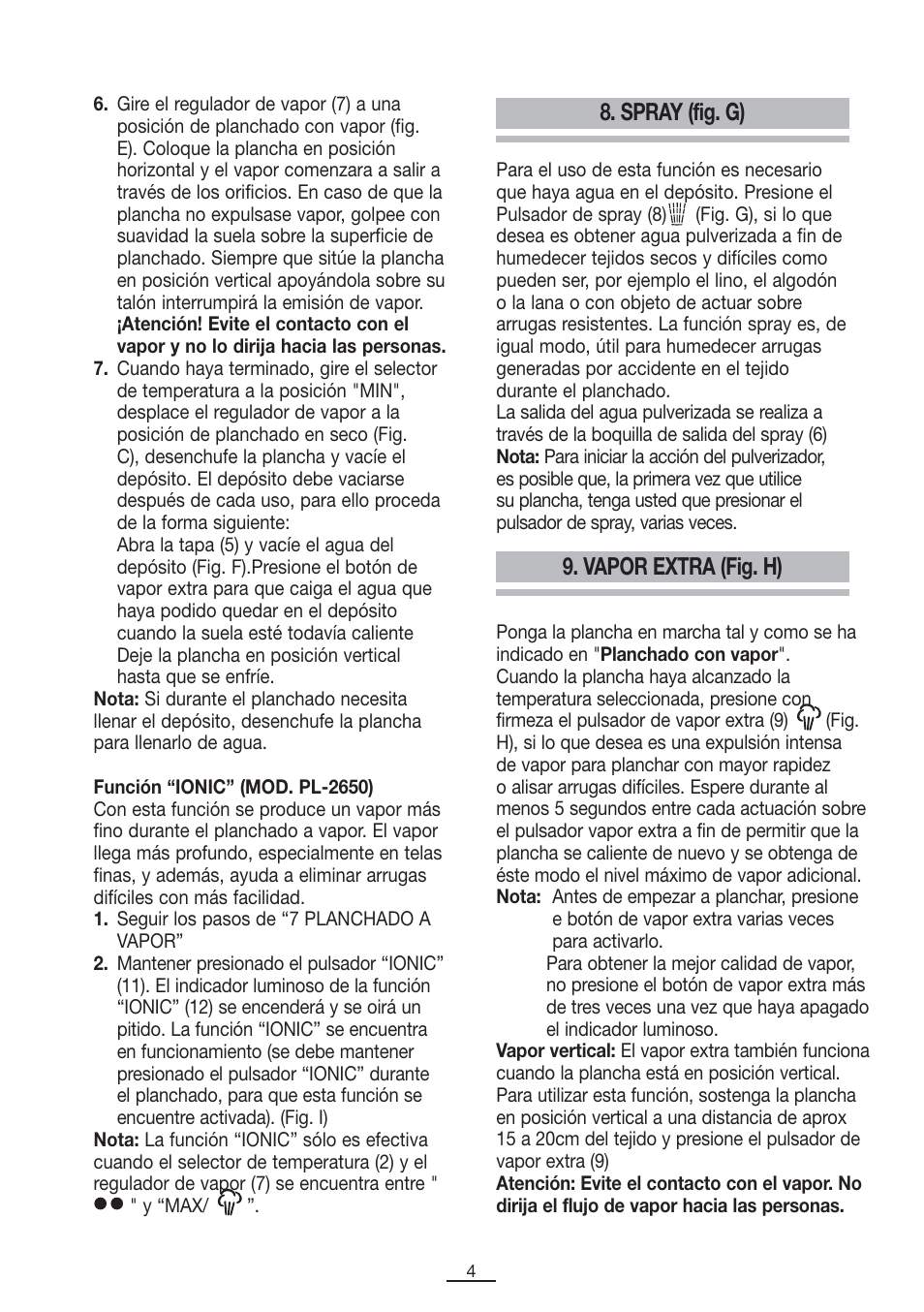 Spray (fig. g), Vapor extra (fig. h) | Fagor PL-2600 User Manual | Page 5 / 76