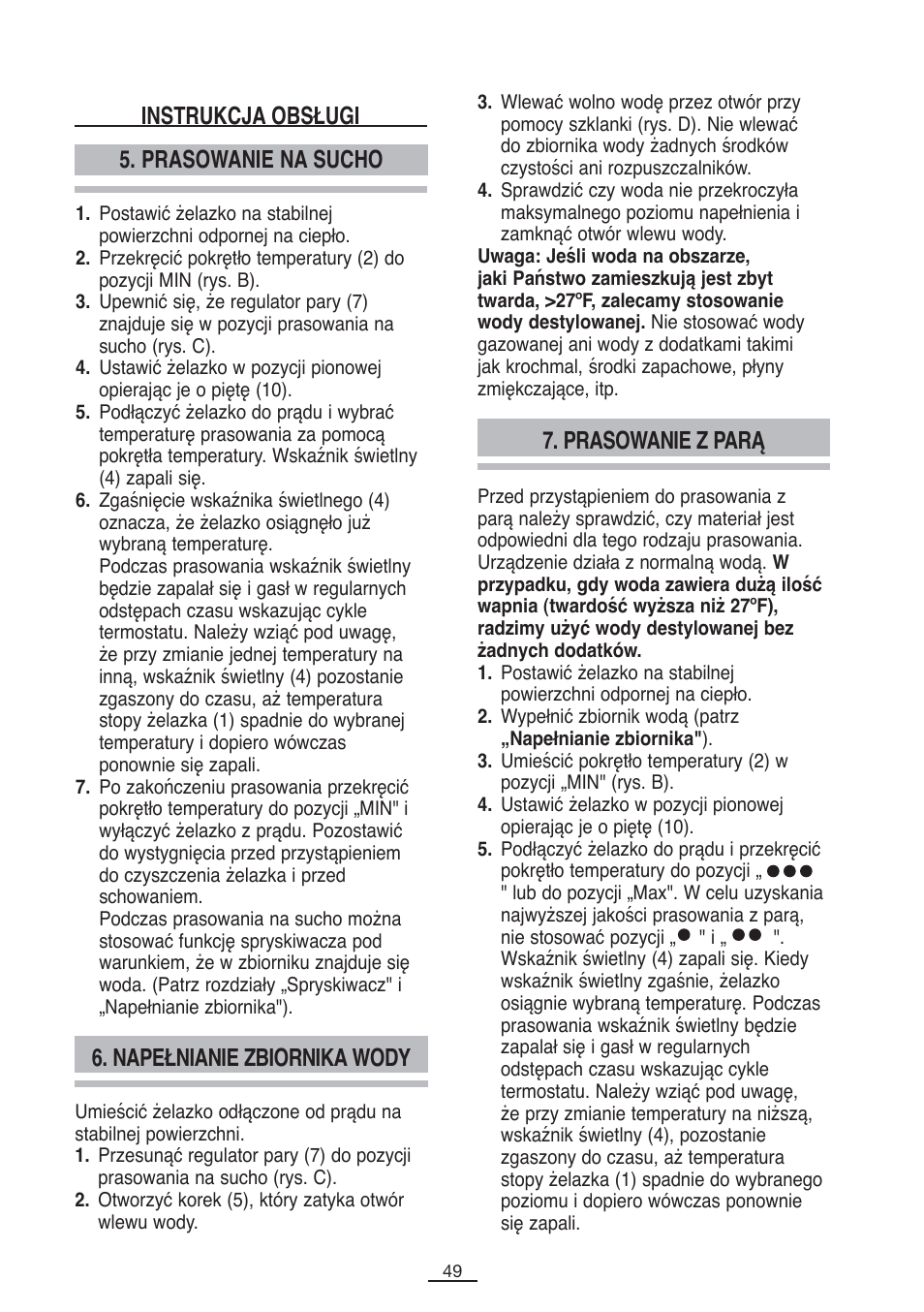Napełnianie zbiornika wody, Prasowanie z parą, Prasowanie na sucho instrukcja obsługi | Fagor PL-2600 User Manual | Page 50 / 76