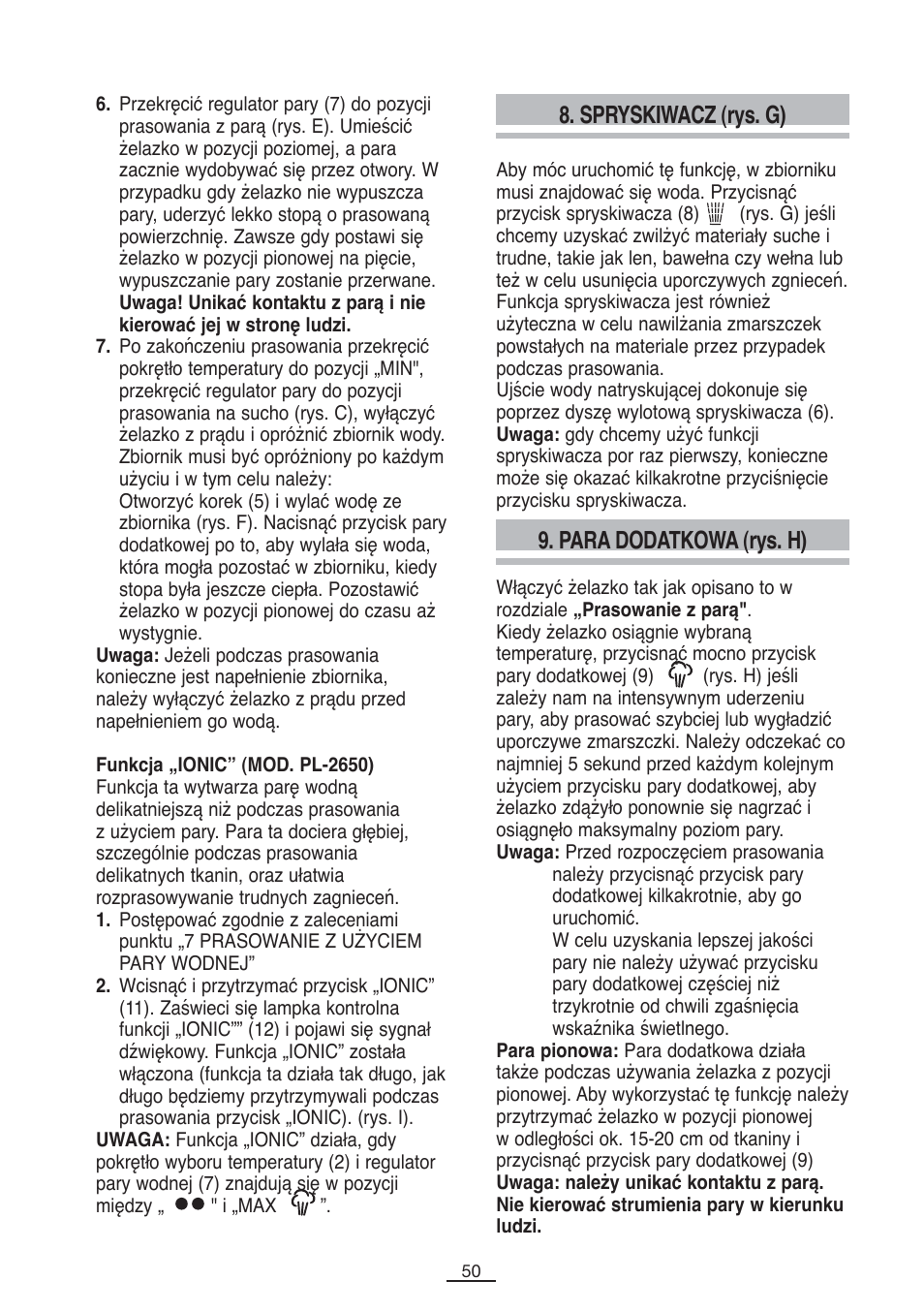 Para dodatkowa (rys. h), Spryskiwacz (rys. g) | Fagor PL-2600 User Manual | Page 51 / 76