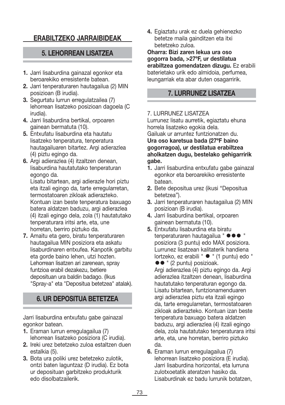 Ur depositua betetzea, Lurrunez lisatzea, Lehorrean lisatzea | Erabiltzeko jarraibideak | Fagor PL-2600 User Manual | Page 74 / 76