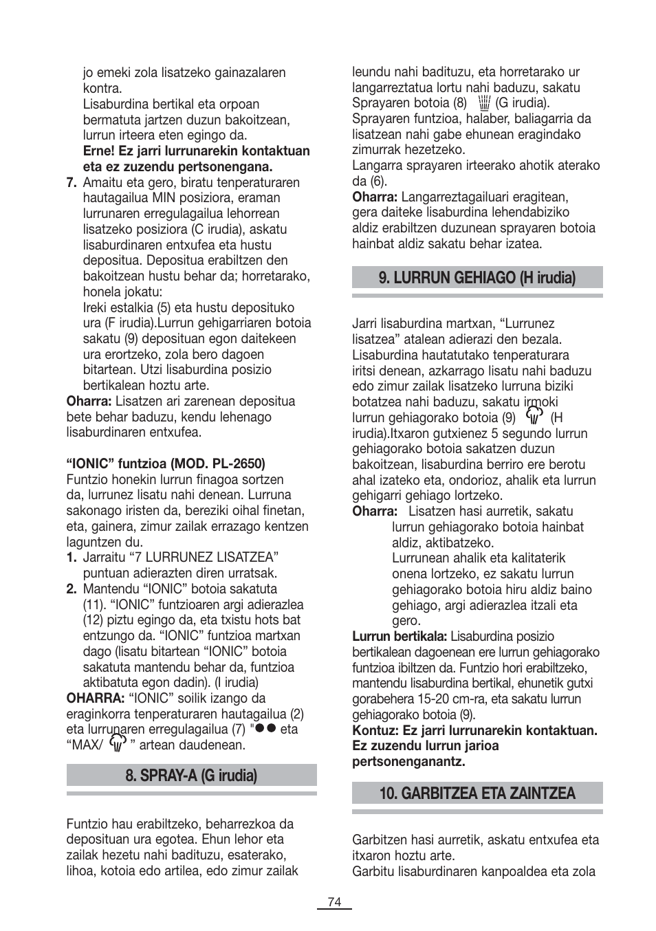 Spray-a (g irudia), Lurrun gehiago (h irudia), Garbitzea eta zaintzea | Fagor PL-2600 User Manual | Page 75 / 76