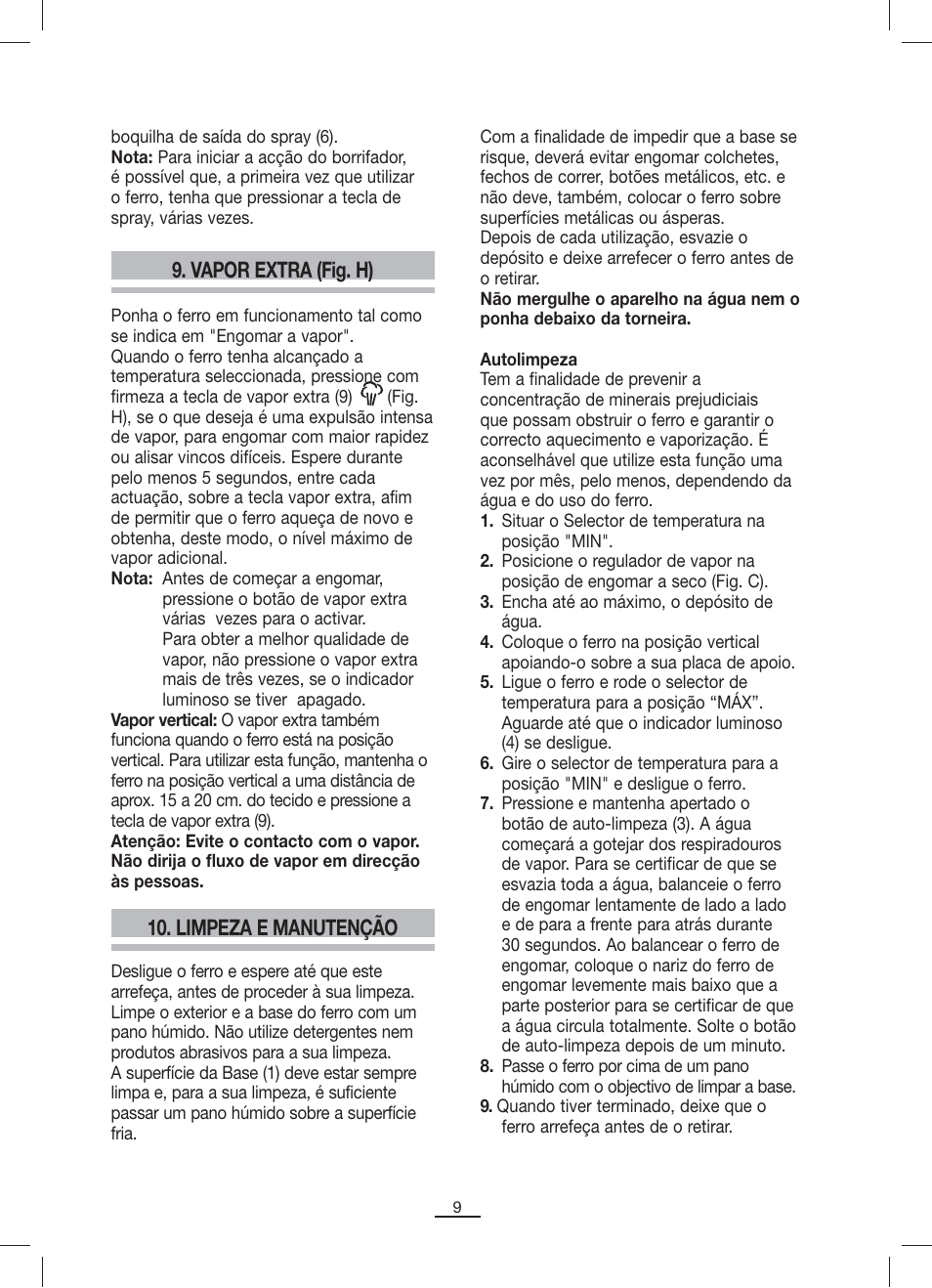 Vapor extra (fig. h), Limpeza e manutenção | Fagor PL-2205 User Manual | Page 10 / 68