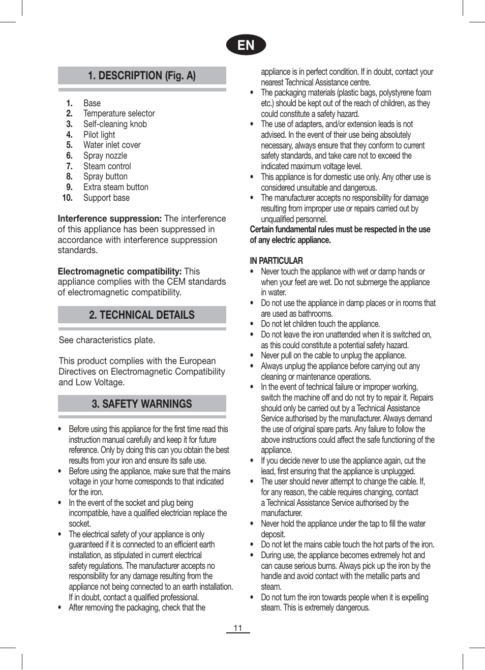 Safety warnings, Description (fig. a) 2. technical details | Fagor PL-2205 User Manual | Page 12 / 68