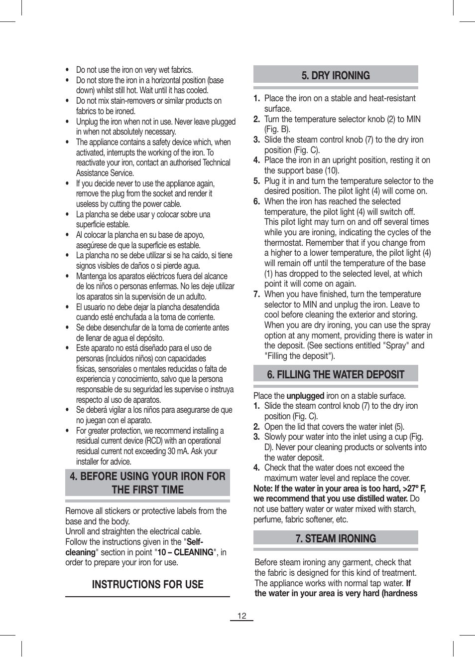 Before using your iron for the first time, Dry ironing, Instructions for use 6. filling the water deposit | Steam ironing | Fagor PL-2205 User Manual | Page 13 / 68