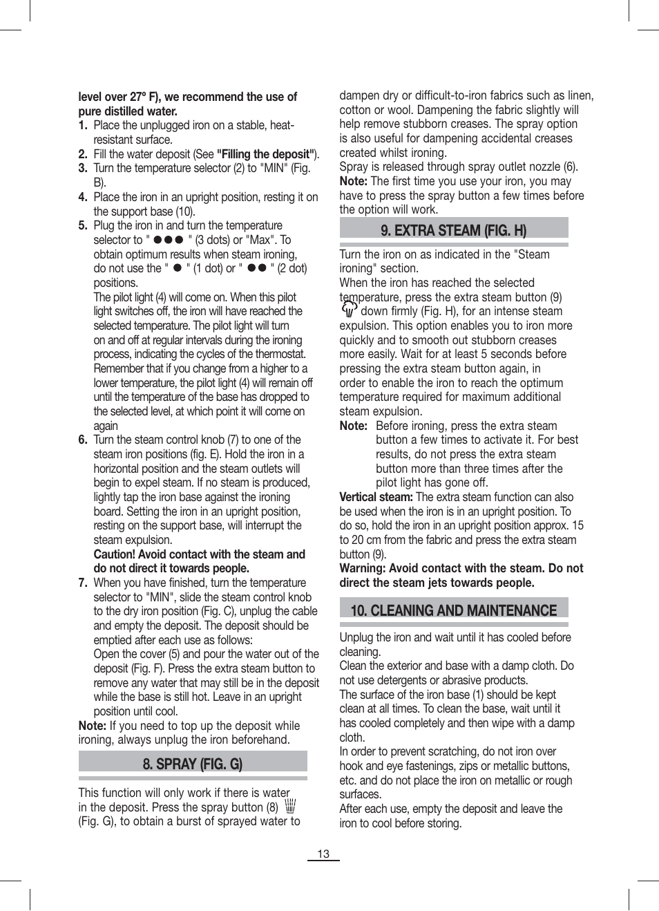 Cleaning and maintenance, Spray (fig. g), Extra steam (fig. h) | Fagor PL-2205 User Manual | Page 14 / 68