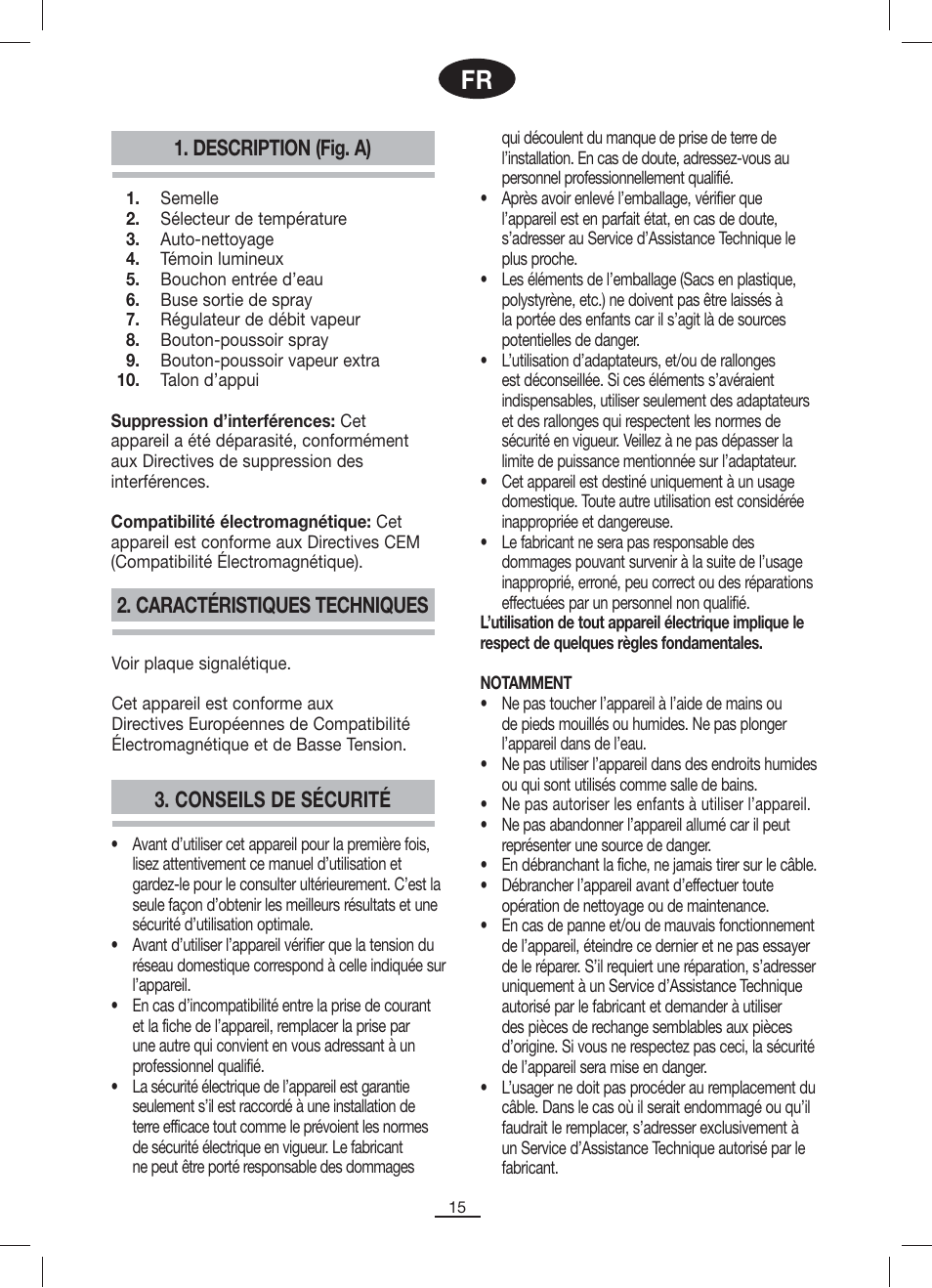 Description (fig. a), Conseils de sécurité, Caractéristiques techniques | Fagor PL-2205 User Manual | Page 16 / 68