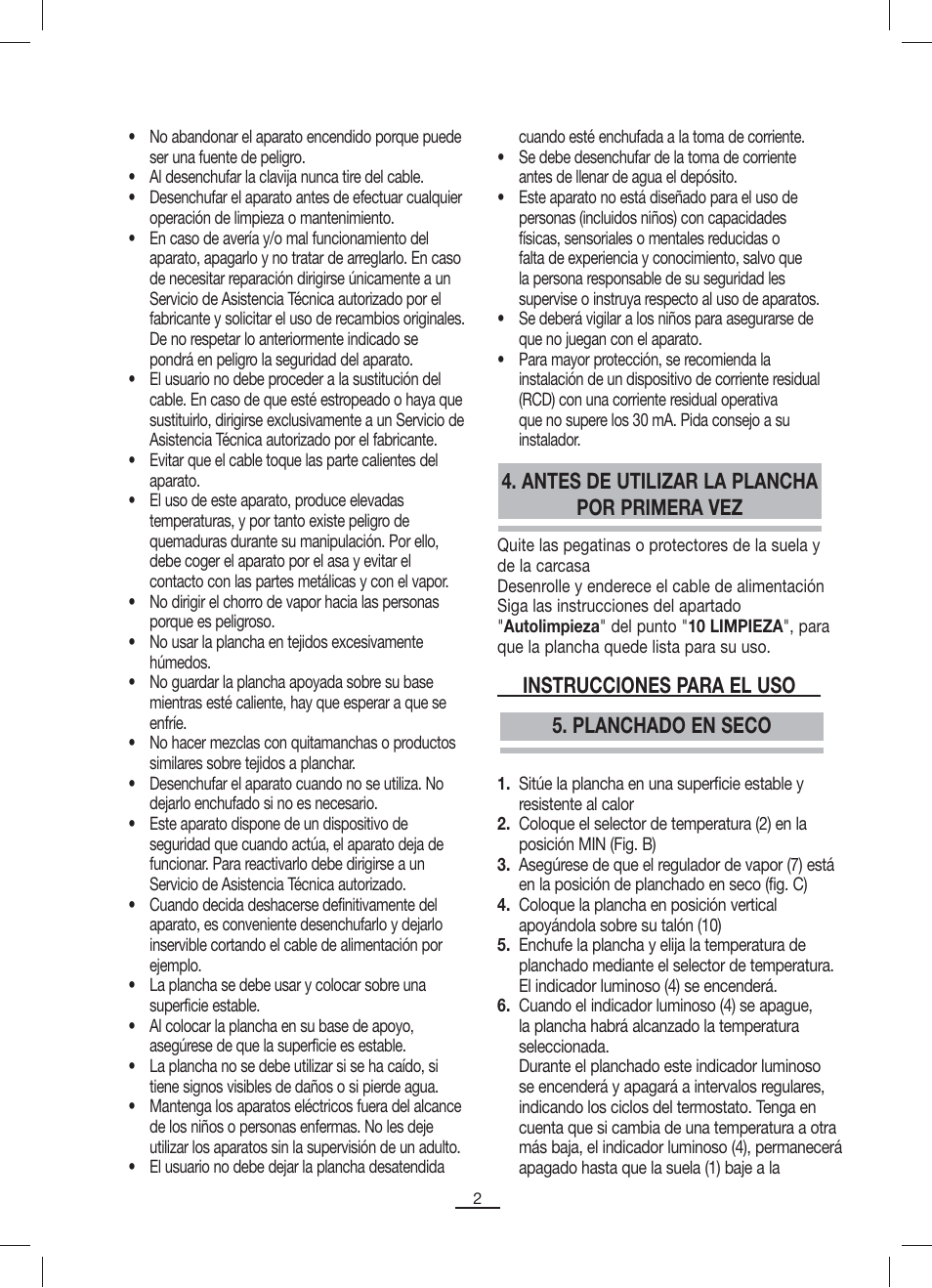Antes de utilizar la plancha por primera vez, Planchado en seco instrucciones para el uso | Fagor PL-2205 User Manual | Page 3 / 68