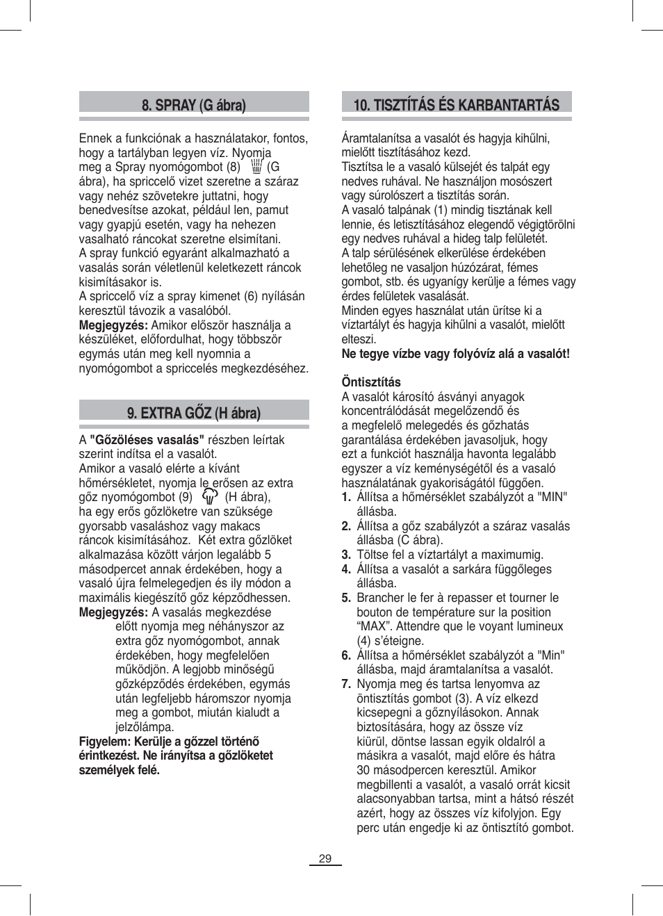 Tisztítás és karbantartás, Spray (g ábra) 9. extra gőz (h ábra) | Fagor PL-2205 User Manual | Page 30 / 68
