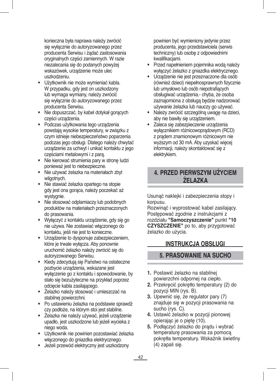 Przed pierwszym użyciem żelazka, Prasowanie na sucho instrukcja obsługi | Fagor PL-2205 User Manual | Page 43 / 68