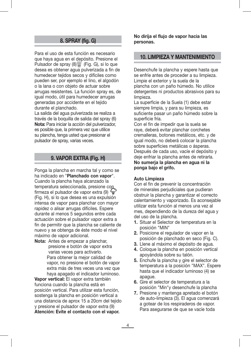 Spray (fig. g), Limpieza y mantenimiento, Vapor extra (fig. h) | Fagor PL-2205 User Manual | Page 5 / 68