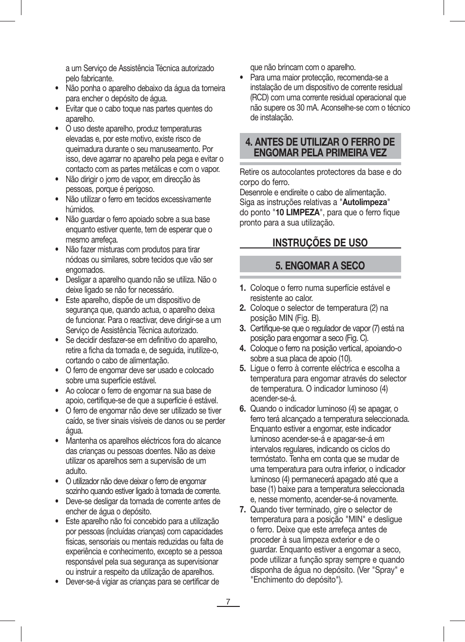 Engomar a seco, Instruções de uso | Fagor PL-2205 User Manual | Page 8 / 68