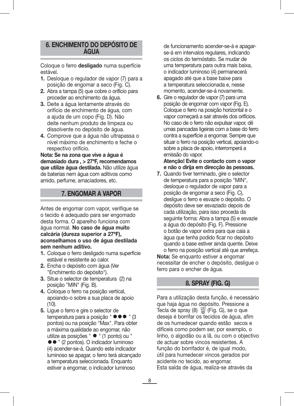 Spray (fig. g) 6. enchimento do depósito de água, Engomar a vapor | Fagor PL-2205 User Manual | Page 9 / 68