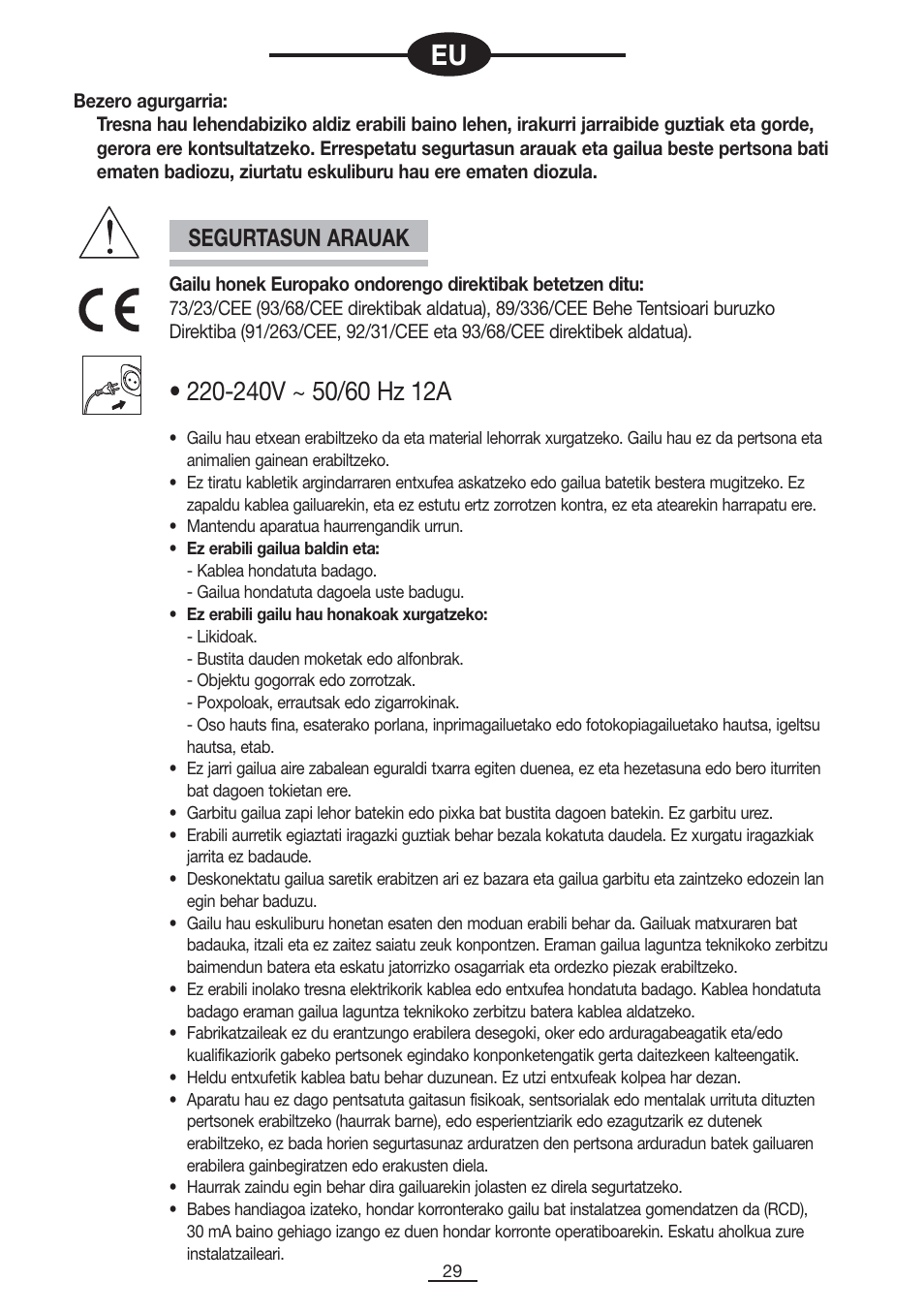 Segurtasun arauak | Fagor VCE-181CP User Manual | Page 30 / 54