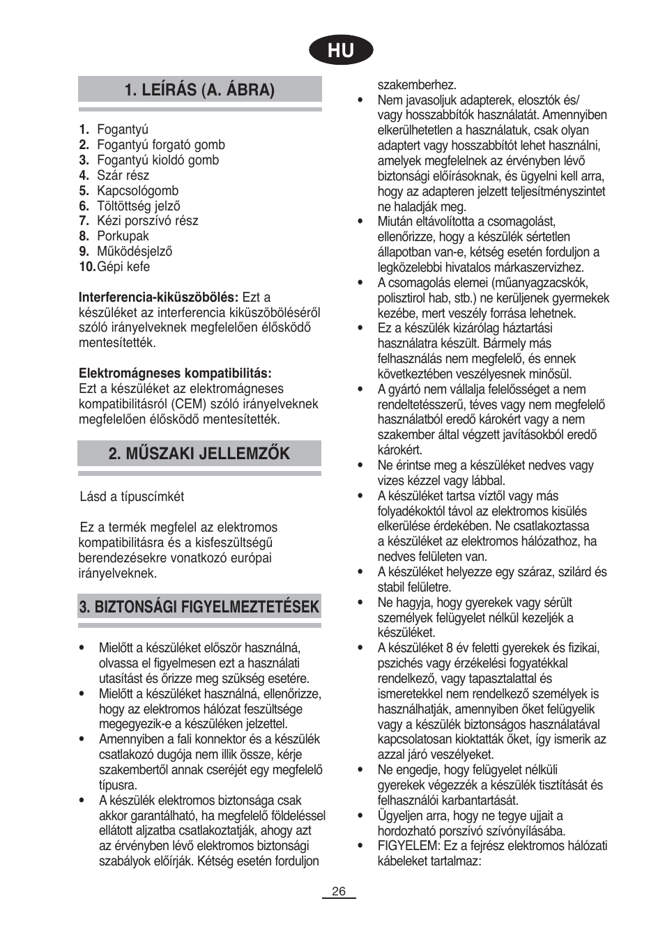 Leírás (a. ábra), Biztonsági figyelmeztetések, Műszaki jellemzők | Fagor VCE-180C User Manual | Page 27 / 67