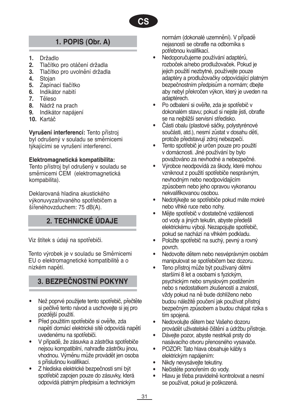 Popis (obr. a), Bezpečnostní pokyny 2. technické údaje | Fagor VCE-180C User Manual | Page 32 / 67
