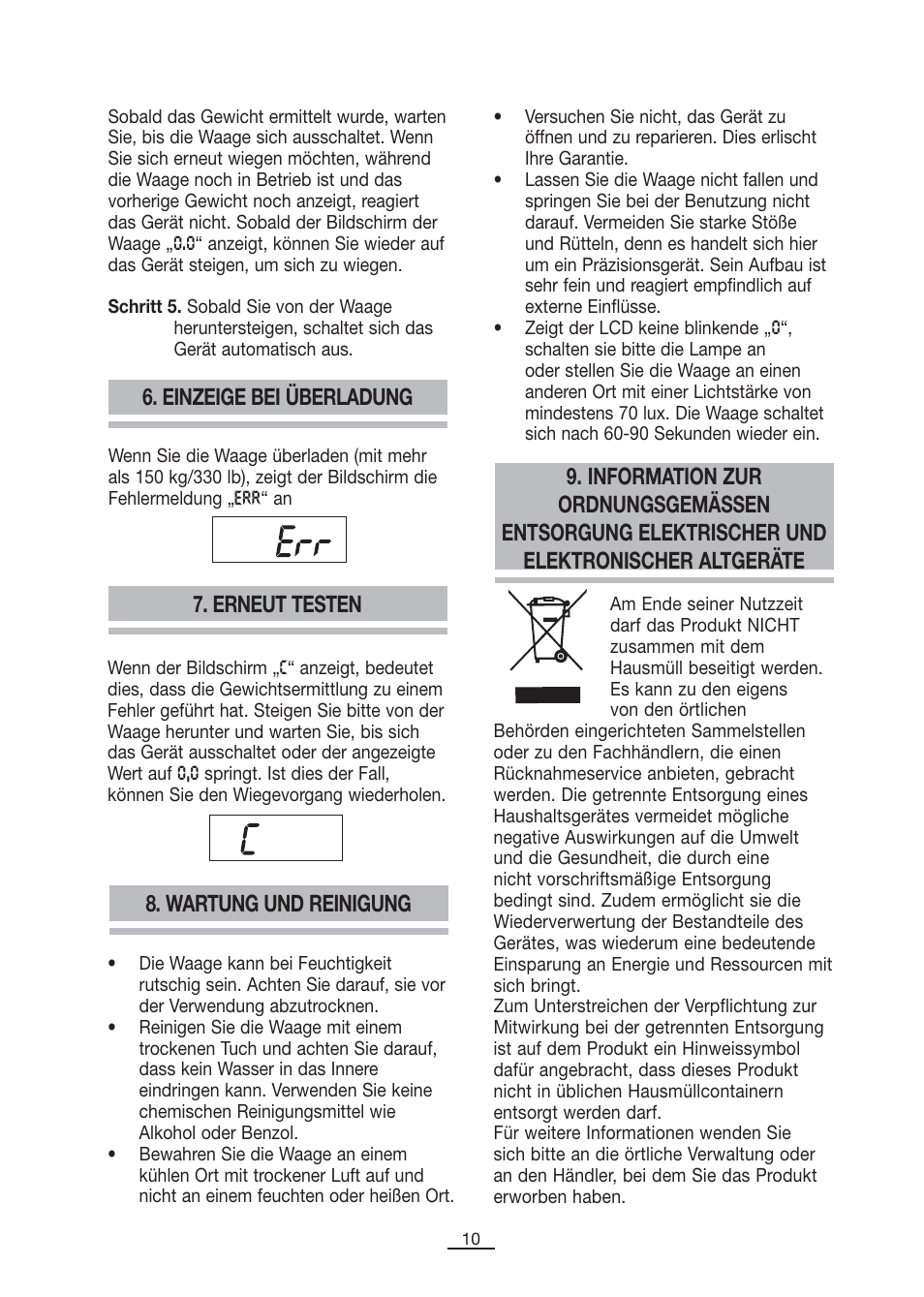 Einzeige bei überladung 7. erneut testen, Wartung und reinigung | Fagor BB-175 User Manual | Page 11 / 31