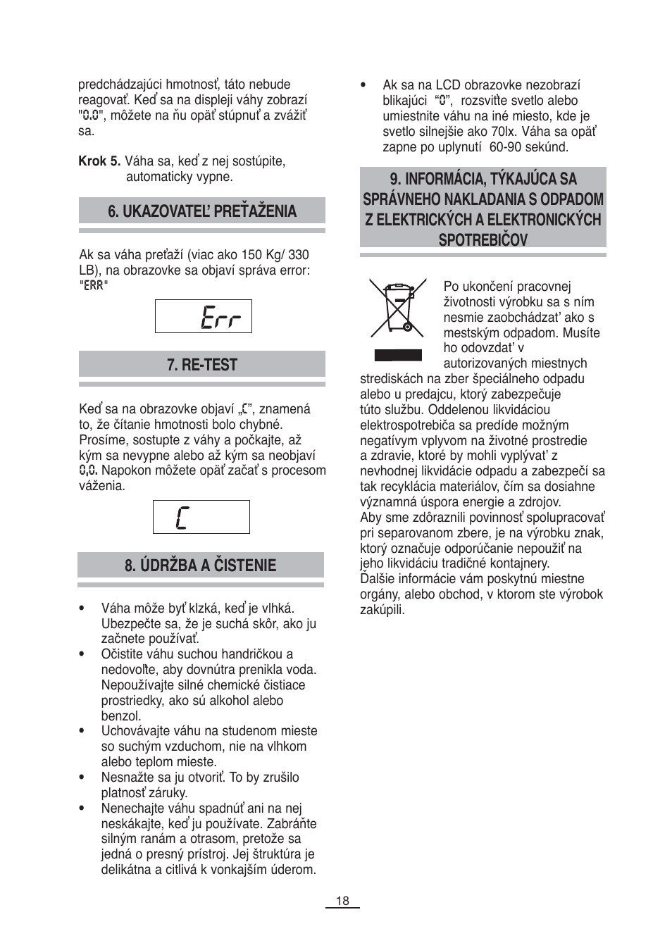 Údržba a čistenie 7. re-test, Ukazovateľ preťaženia | Fagor BB-175 User Manual | Page 19 / 31