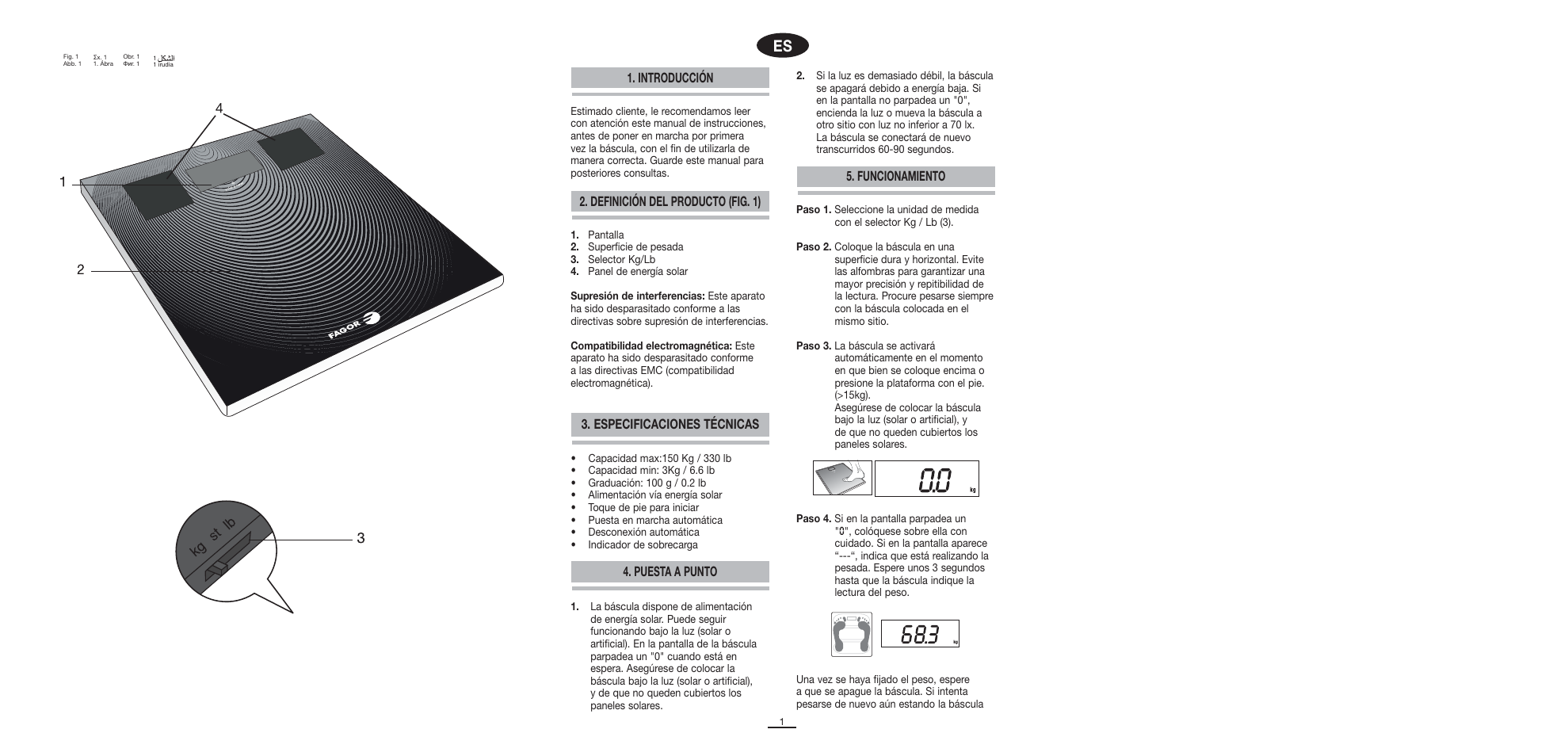 Definición del producto (fig. 1), Puesta a punto, Introducción | Funcionamiento 3. especificaciones técnicas | Fagor BB-175 User Manual | Page 2 / 31