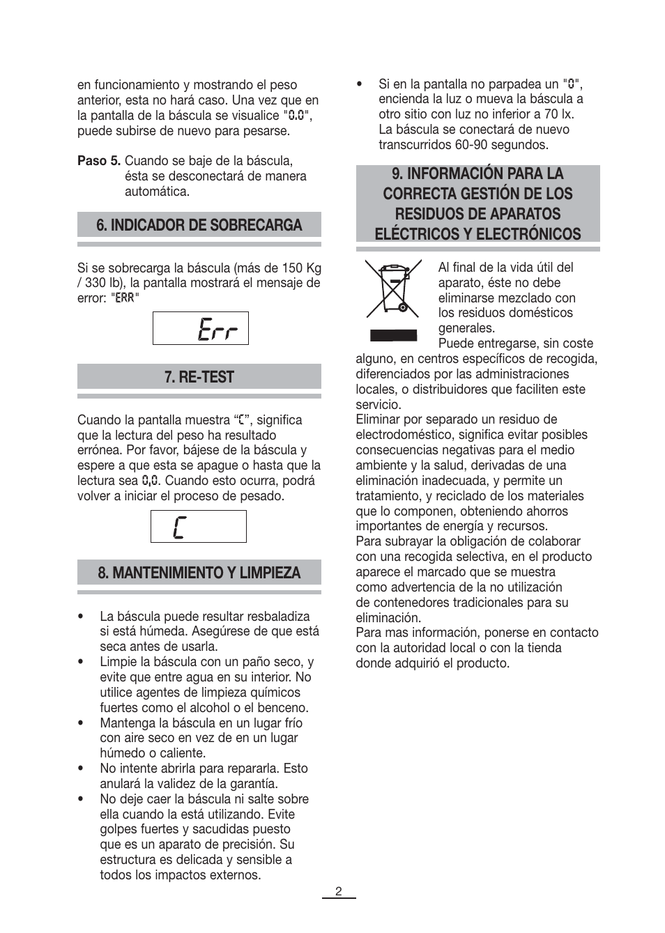 Indicador de sobrecarga 7. re-test, Mantenimiento y limpieza | Fagor BB-175 User Manual | Page 3 / 31