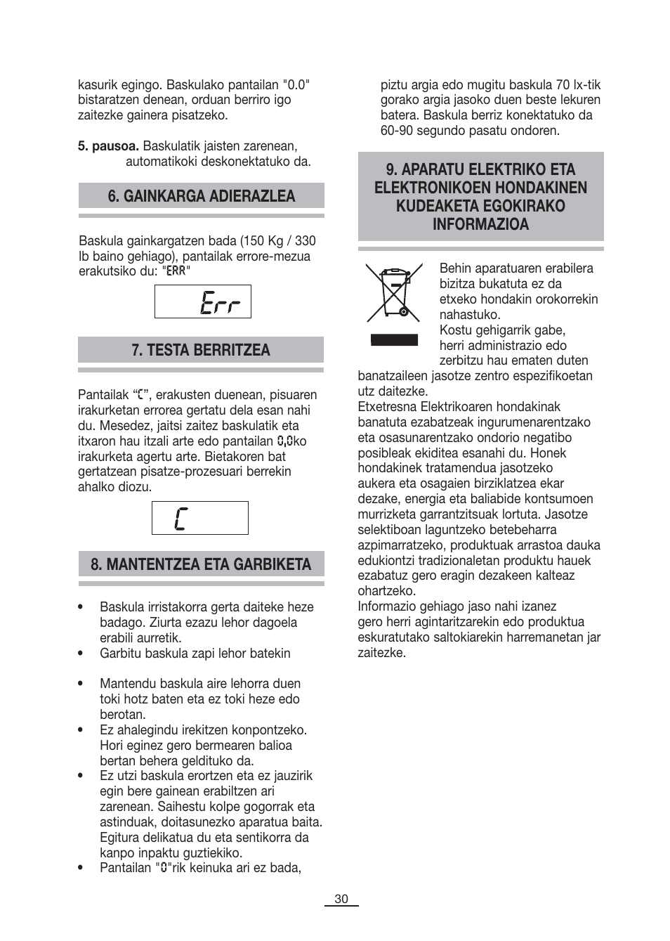 Gainkarga adierazlea 7. testa berritzea, Mantentzea eta garbiketa | Fagor BB-175 User Manual | Page 31 / 31