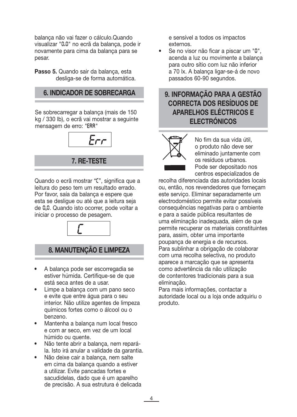 Indicador de sobrecarga 7. re-teste, Manutenção e limpeza | Fagor BB-175 User Manual | Page 5 / 31