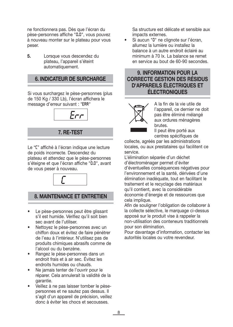 Indicateur de surcharge 7. re-test, Maintenance et entretien | Fagor BB-175 User Manual | Page 9 / 31