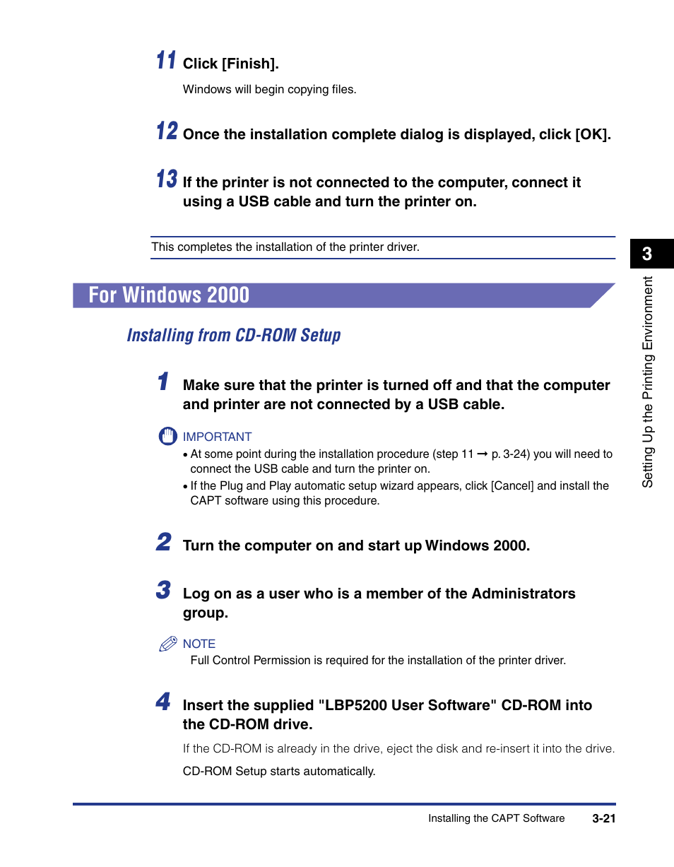 For windows 2000, For windows 2000 -21, Installing from cd-rom setup -21 | Ws 2000 (see p. 3-21) | Axis Communications LBP 5200 User Manual | Page 106 / 389