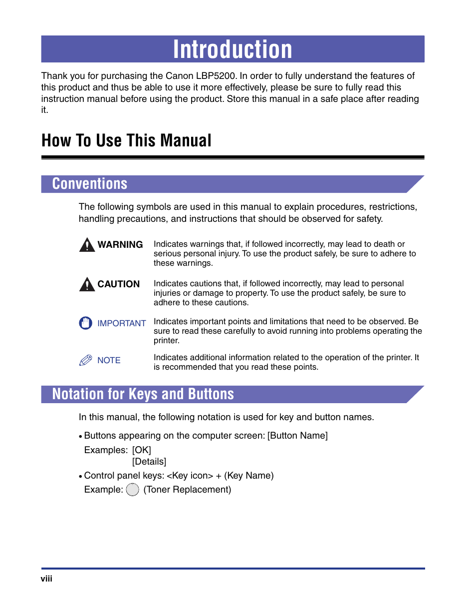 Introduction, How to use this manual, Conventions | Notation for keys and buttons | Axis Communications LBP 5200 User Manual | Page 11 / 389