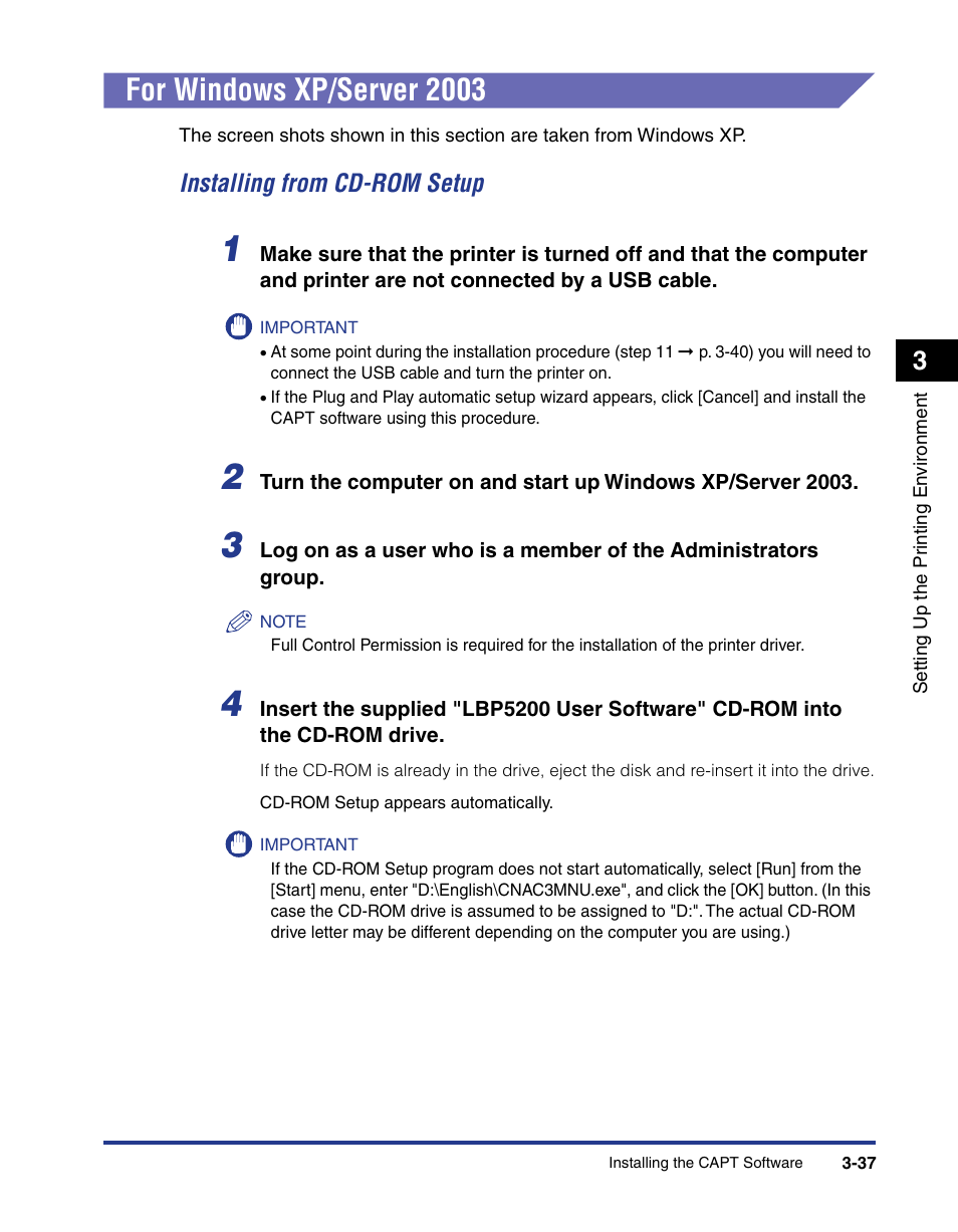 For windows xp/server 2003, For windows xp/server 2003 -37, Installing from cd-rom setup -37 | Er 2003 (see p. 3-37) | Axis Communications LBP 5200 User Manual | Page 122 / 389