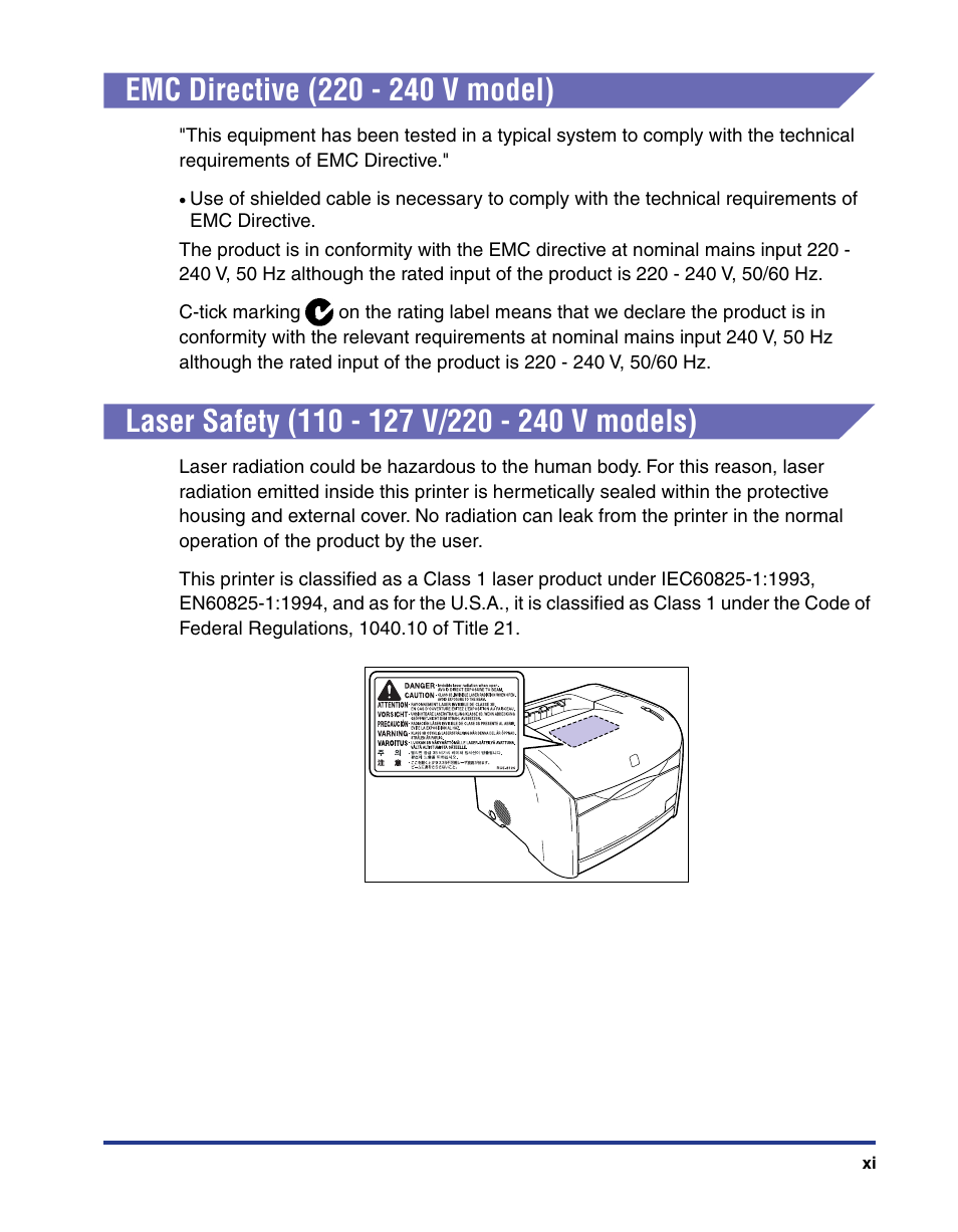 Emc directive (220 - 240 v model), Laser safety (110 - 127 v/220 - 240 v models) | Axis Communications LBP 5200 User Manual | Page 14 / 389