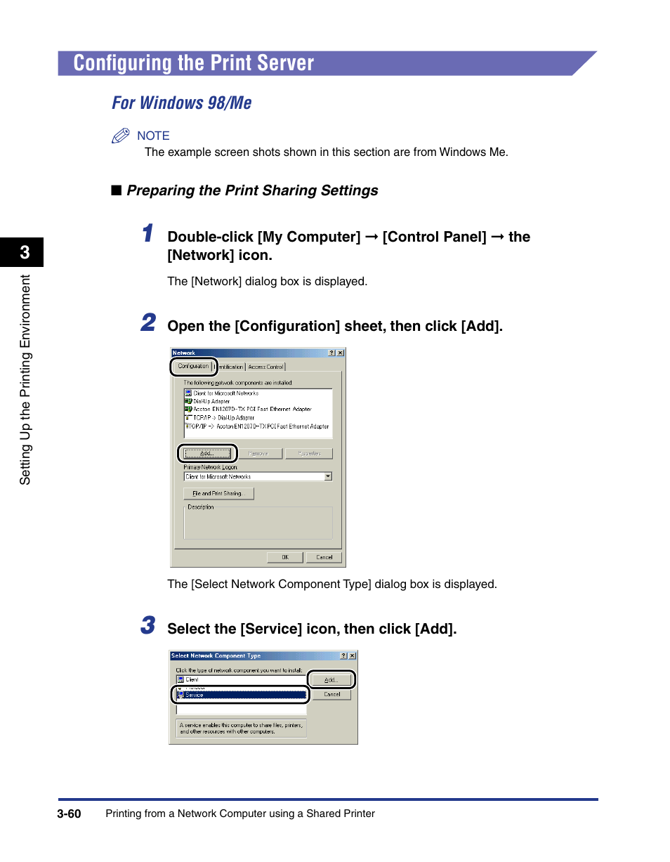 Configuring the print server, Configuring the print server -60, For windows 98/me -60 | P. 3-60 | Axis Communications LBP 5200 User Manual | Page 145 / 389