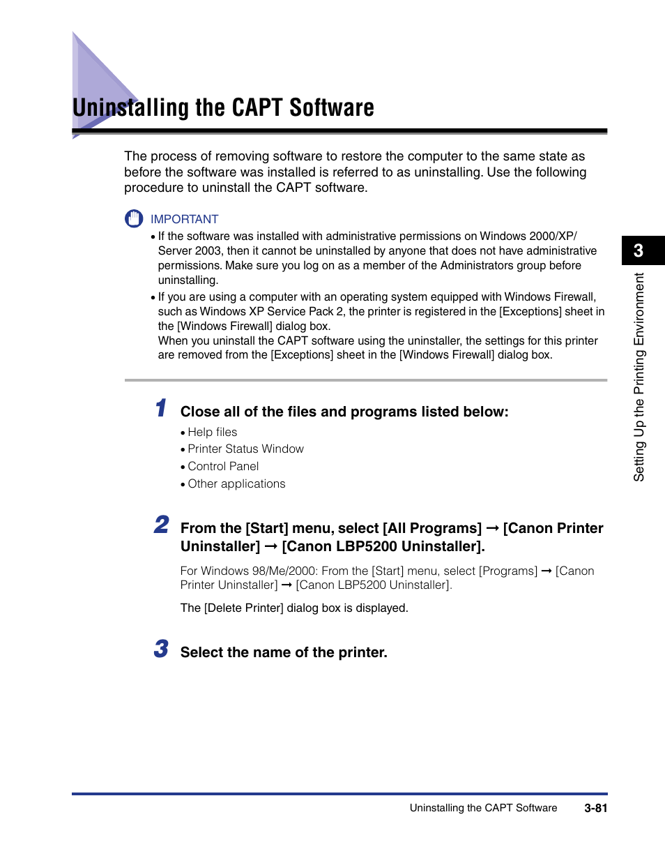 Uninstalling the capt software, Uninstalling the capt software -81 | Axis Communications LBP 5200 User Manual | Page 166 / 389