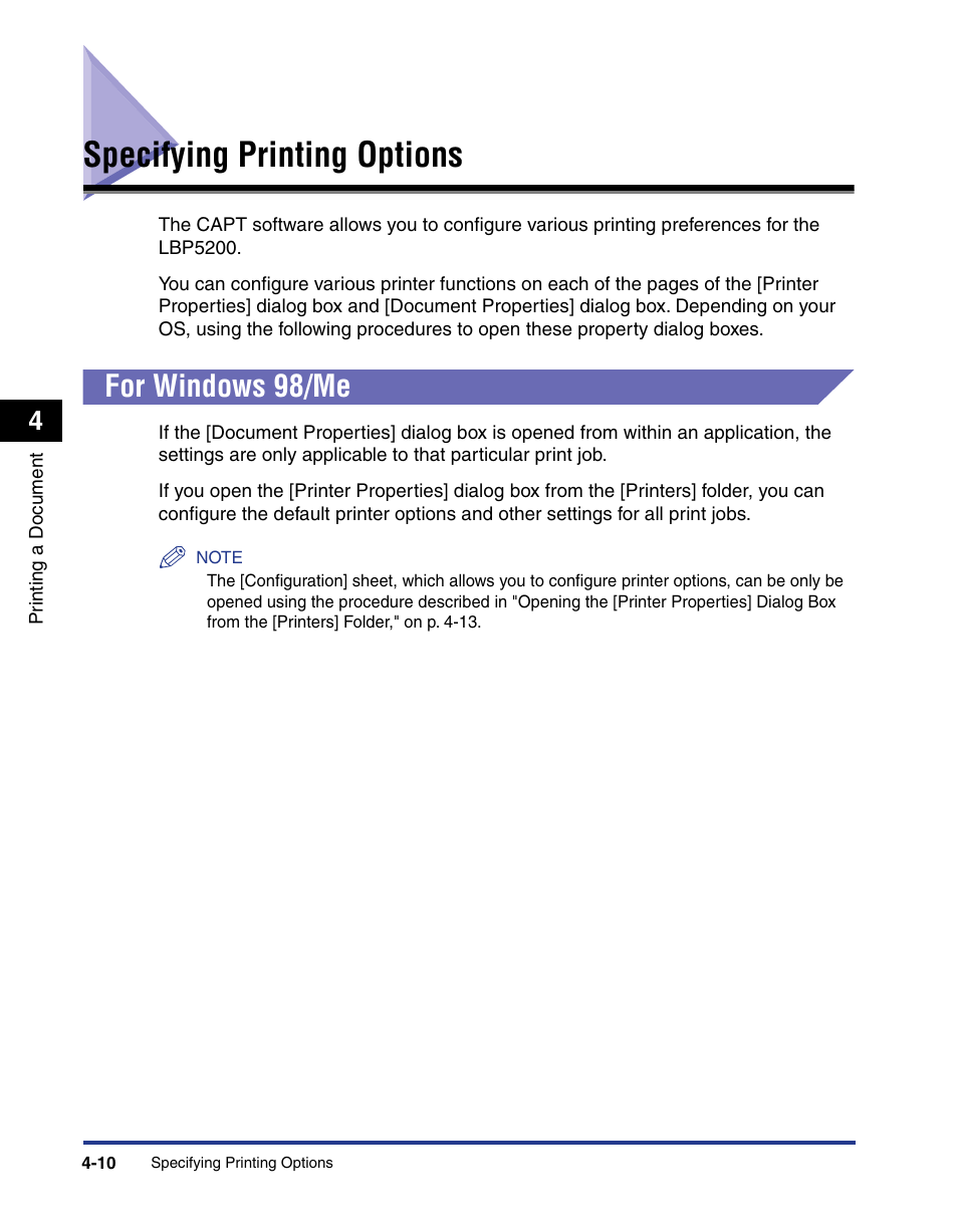 Specifying printing options, For windows 98/me, Specifying printing options -10 | For windows 98/me -10 | Axis Communications LBP 5200 User Manual | Page 177 / 389