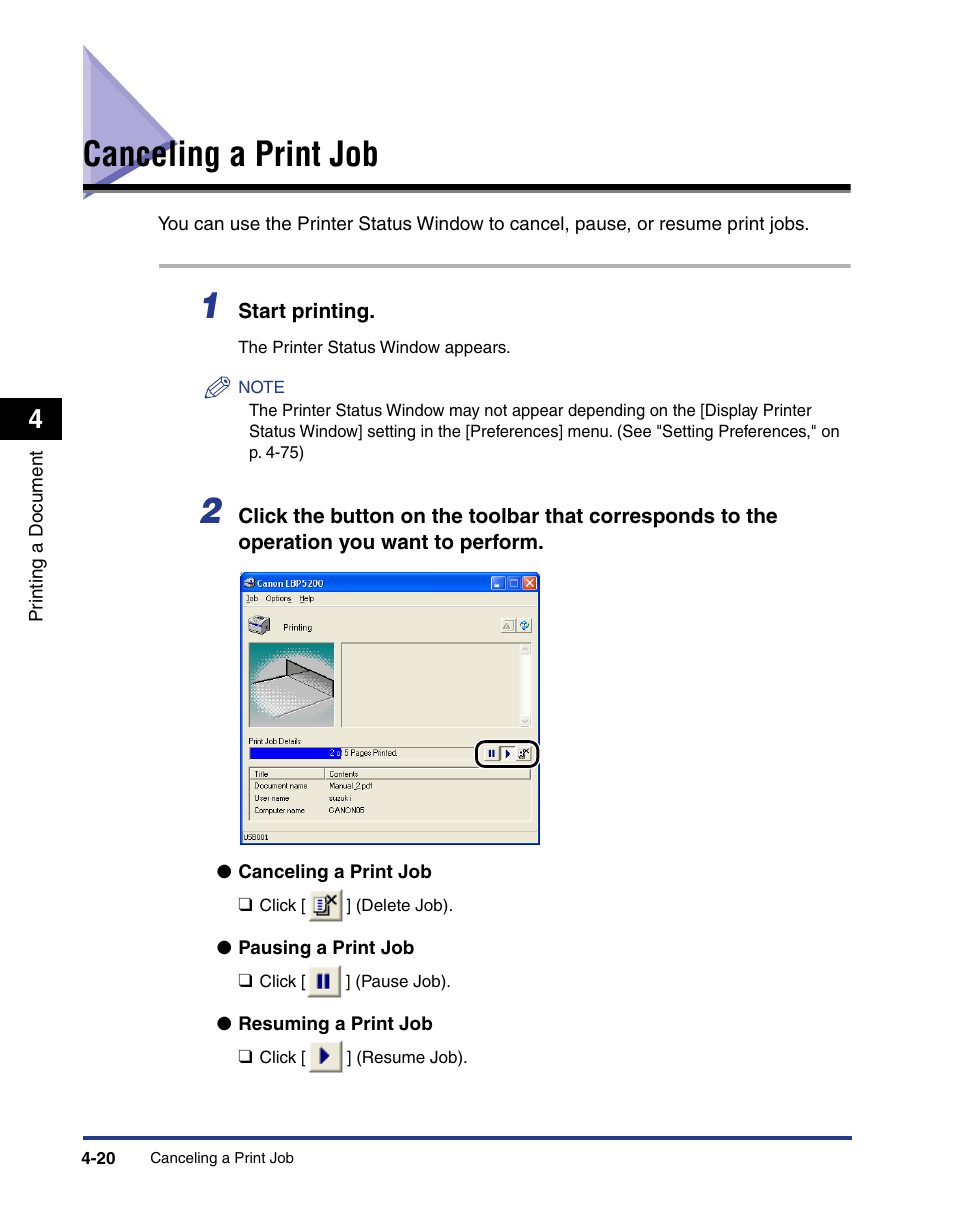 Canceling a print job, Canceling a print job -20 | Axis Communications LBP 5200 User Manual | Page 187 / 389