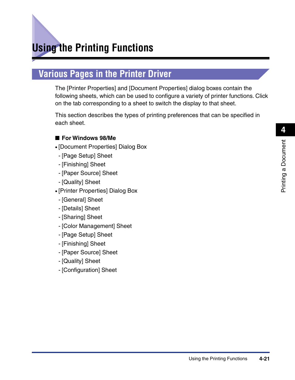 Using the printing functions, Using the printing functions -21, Various pages in the printer driver | Axis Communications LBP 5200 User Manual | Page 188 / 389