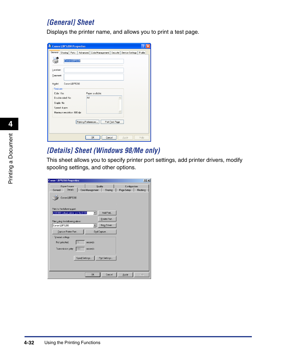 General] sheet, Details] sheet (windows 98/me only) | Axis Communications LBP 5200 User Manual | Page 199 / 389