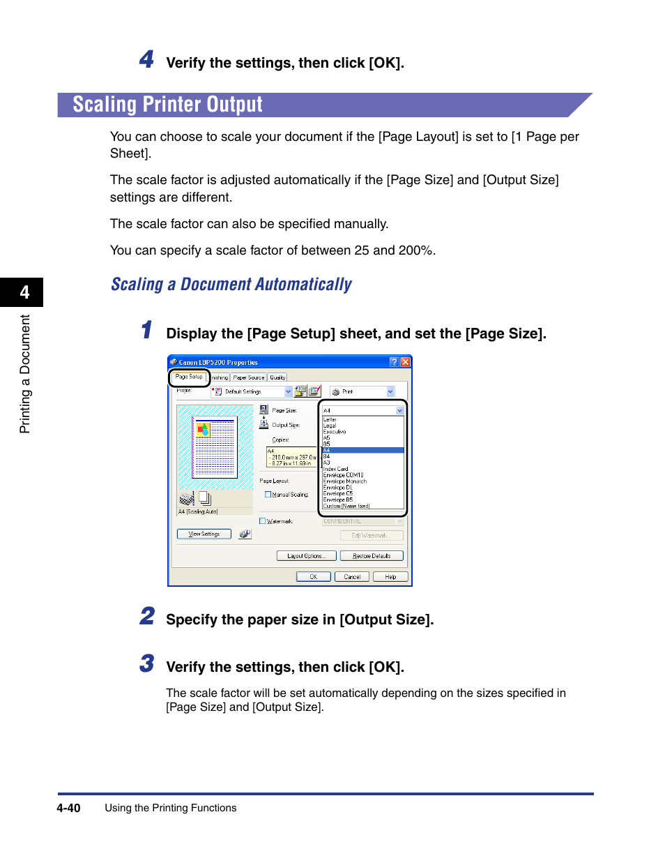 Scaling printer output, Scaling printer output -40, Scaling a document automatically -40 | Axis Communications LBP 5200 User Manual | Page 207 / 389