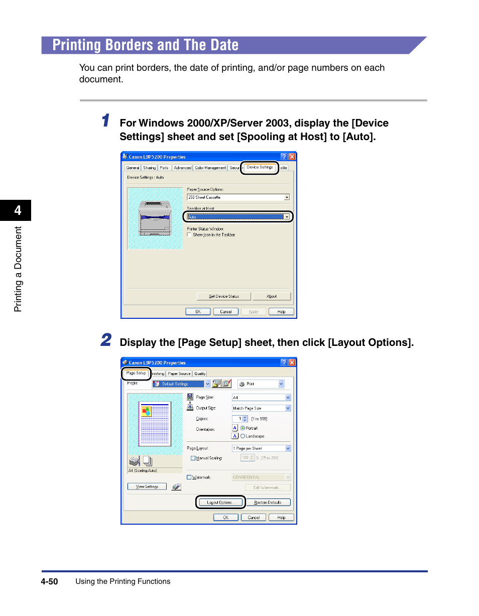 Printing borders and the date, Printing borders and the date -50 | Axis Communications LBP 5200 User Manual | Page 217 / 389