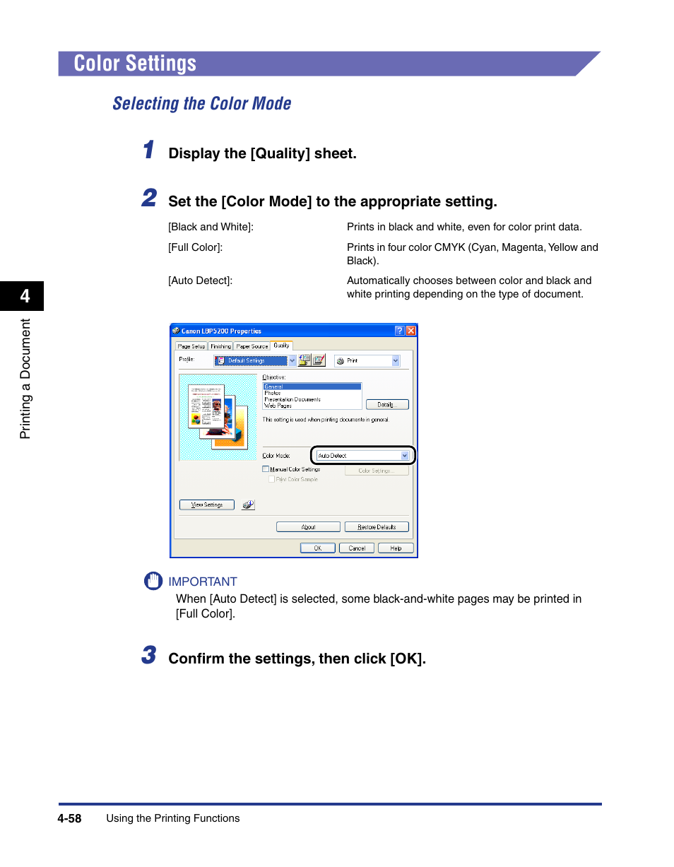 Color settings, Color settings -58, Selecting the color mode -58 | Color mode] (see p. 4-58) | Axis Communications LBP 5200 User Manual | Page 225 / 389