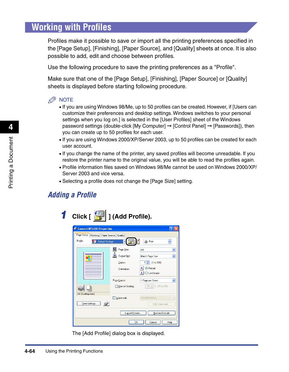 Working with profiles, Working with profiles -64, Adding a profile -64 | D] (see p. 4-64), Adding a profile | Axis Communications LBP 5200 User Manual | Page 231 / 389