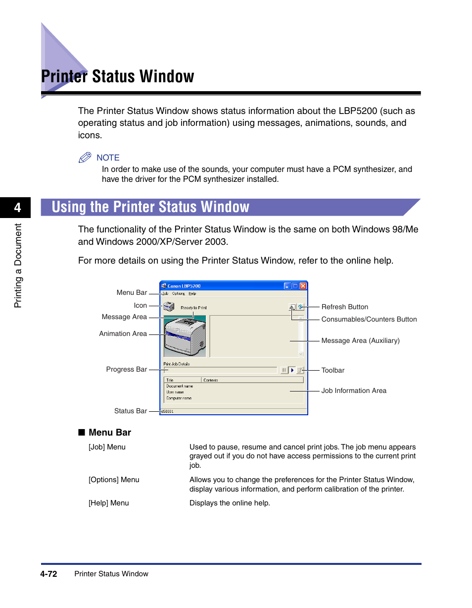 Printer status window, Using the printer status window, Printer status window -72 | Using the printer status window -72 | Axis Communications LBP 5200 User Manual | Page 239 / 389