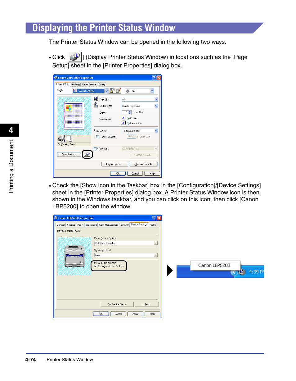 Displaying the printer status window, Displaying the printer status window -74 | Axis Communications LBP 5200 User Manual | Page 241 / 389