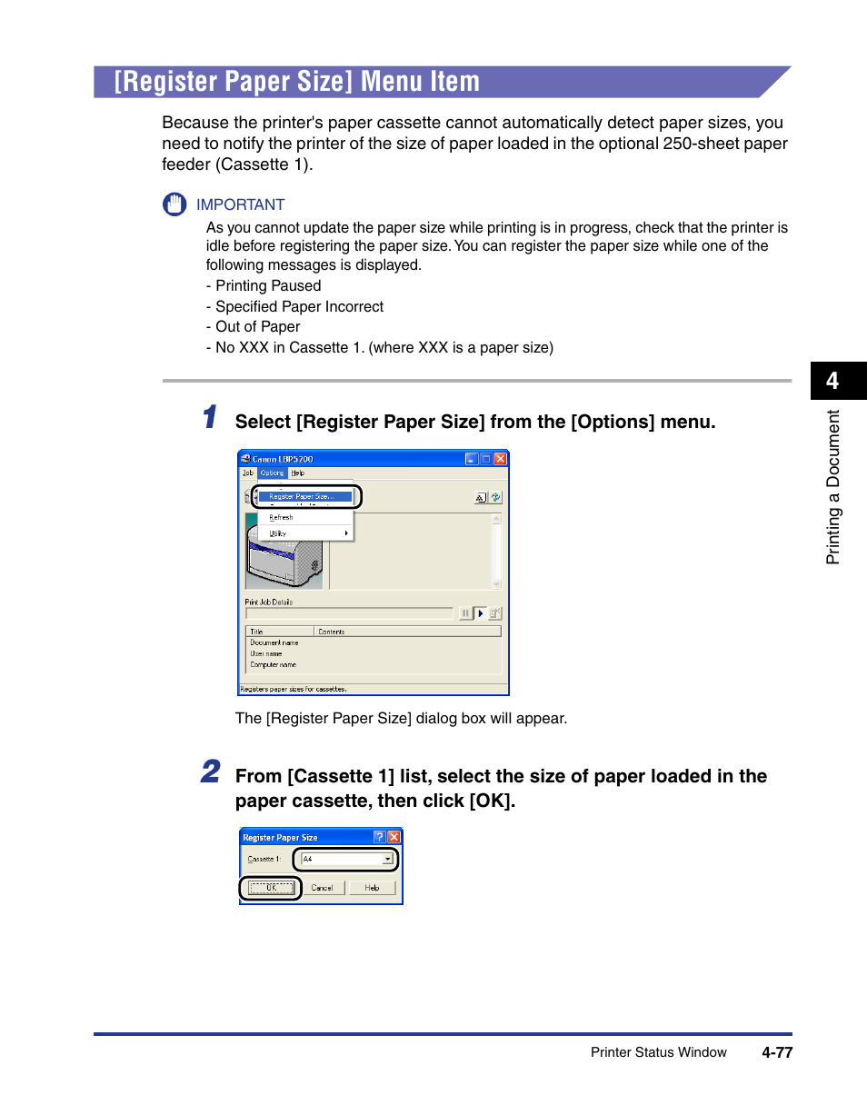 Register paper size] menu item, Register paper size] menu item -77 | Axis Communications LBP 5200 User Manual | Page 244 / 389