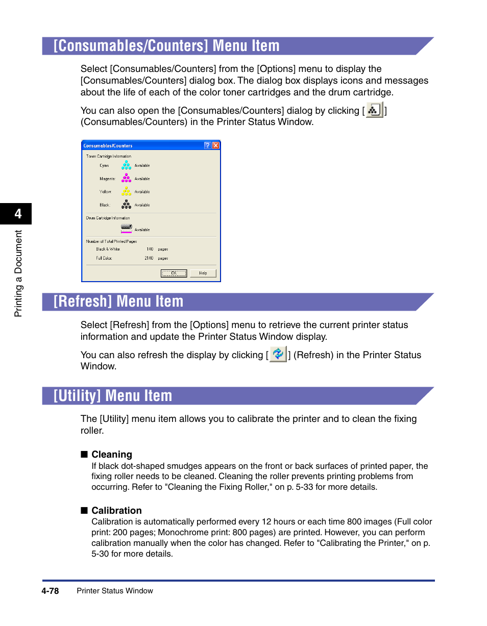Consumables/counters] menu item, Refresh] menu item, Utility] menu item | Consumables/counters] menu item -78, Refresh] menu item -78, Utility] menu item -78 | Axis Communications LBP 5200 User Manual | Page 245 / 389