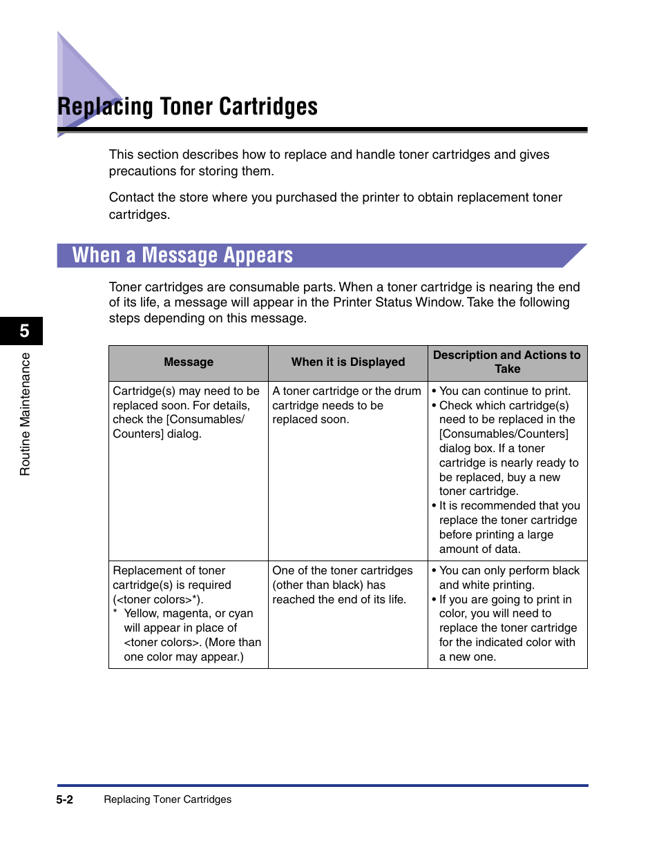 Replacing toner cartridges, When a message appears, Replacing toner cartridges -2 | When a message appears -2, See p. 5-2, p | Axis Communications LBP 5200 User Manual | Page 249 / 389